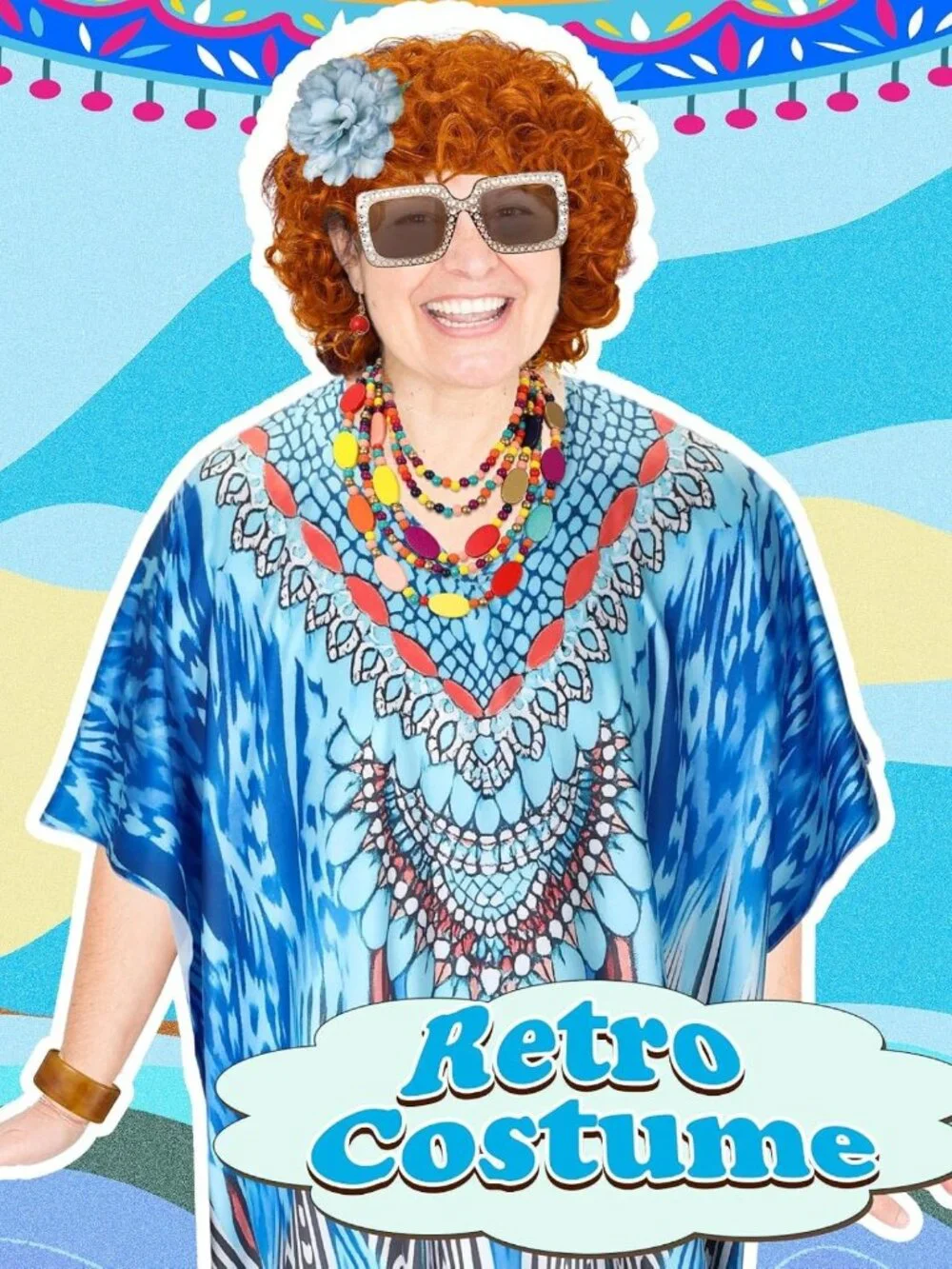 Chic Landlady Costume Set: Caftan Dress, Curly Wig, Jewelry & Sunglasses for